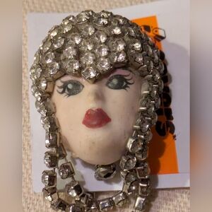Vintage Lady Porcelain Face Brooch Rhinestone Hair Signed Collectible Jewelry